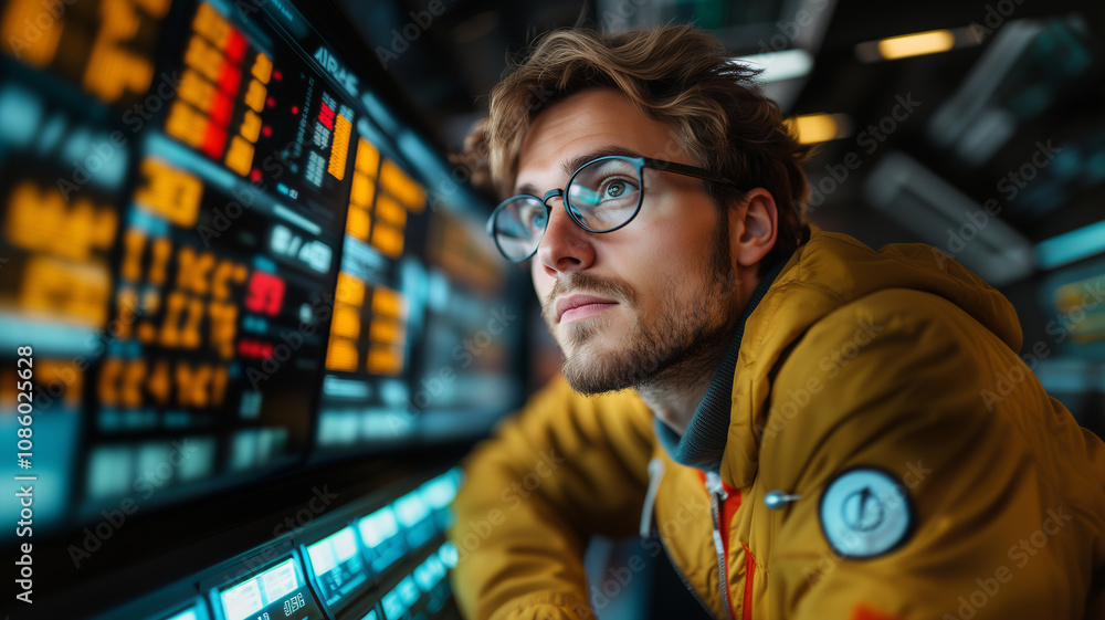 A man wearing glasses is looking at a computer screen with a lot of numbers on it. He is wearing a yellow jacket and he is focused on the screen. A man wearing glasses is looking at a computer screen with a lot of numbers on it. He is wearing a yellow jacket and he is focused on the screen.
