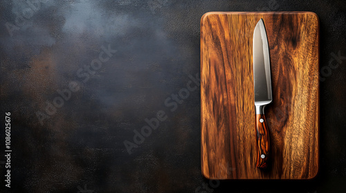 A professionally styled top-view composition featuring a polished wooden cutting board and a sleek kitchen knife photo