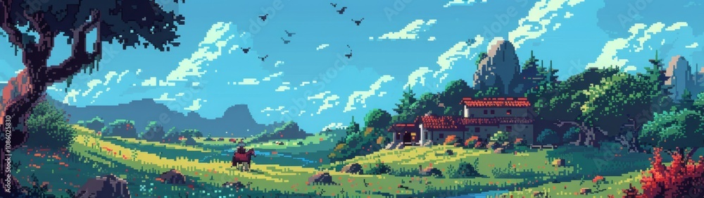 Naklejka premium Medieval countryside with a knight on horseback near a rustic house surrounded by fields and trees. Pixel art landscape depicting a bright summer day. Generative AI
