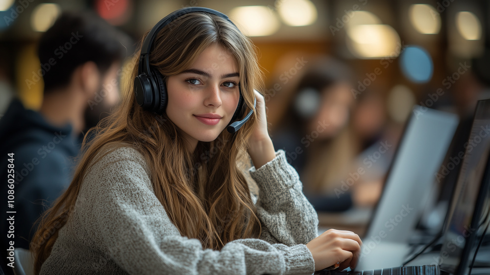 Smiling businesswoman talking on the phone in a busy office Smiling businesswoman talking on the phone in a busy office