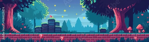 Pixel art game level design with platforms, trees, question blocks, hearts, and glowing stars in a forest environment. Retro-style video game background for design and animation. Generative AI