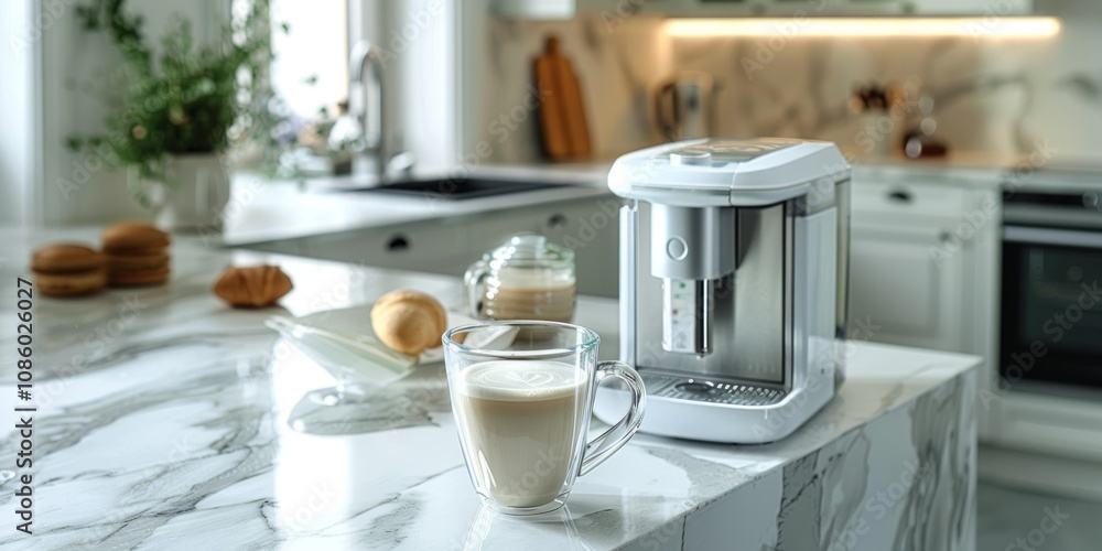 Modern kitchen with a white coffee machine, a glass of latte, and pastries on the countertop. Concept of luxury, comfort, and home. Modern kitchen with a white coffee machine, a glass of latte, and pastries on the countertop. Concept of luxury, comfort, and home.