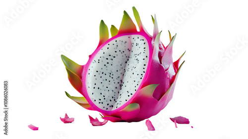 A dragon fruit with vibrant pink and green scales, cut open to show its white interior and black seeds, on a plain png background photo