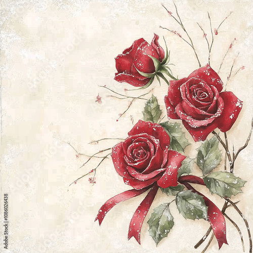 Lovely Red Roses, Christmas Red Roses, Holiday Red Roses Watercolor Style, Grunge Style Background