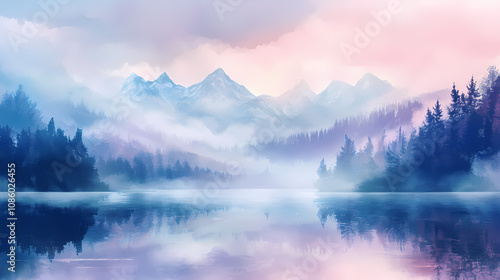 Tranquil reverie: a dreamy landscape of serenity and imagination filled with soft pastels and gentle fog. Reverie. Illustration