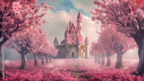 Charming pink castle surrounded by blooming trees in a whimsical fairytale landscape
