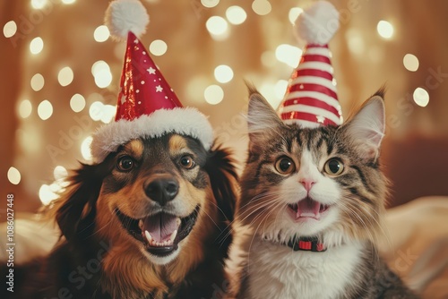 A dog and a cat celebrating the new year.AI Generation