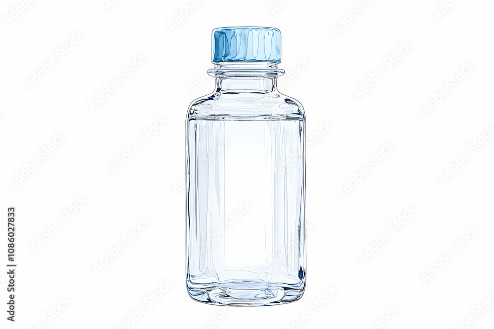 Clear glass bottle with a light blue cap, suitable for water, essential oils, or laboratory use, conveying purity and minimalism in design for various applications Clear glass bottle with a light blue cap, suitable for water, essential oils, or laboratory use, conveying purity and minimalism in design for various applications