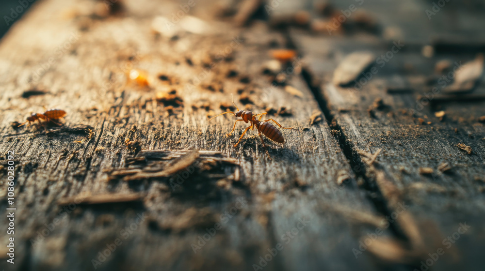 Dead Termite on Wooden Surface Surrounded by Tiny Debris Captured in Close-Up, Highlighting the Damage Caused by Infestation in a Natural Setting Dead Termite on Wooden Surface Surrounded by Tiny Debris Captured in Close-Up, Highlighting the Damage Caused by Infestation in a Natural Setting