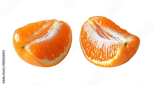 A bright orange fruit with a glossy peel, sliced in half to show juicy segments, on a seamless png photo