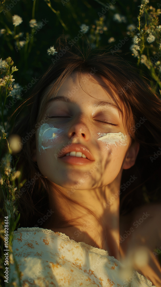 young woman with light cream on her cheeks, lying in a field of flowers young woman with light cream on her cheeks, lying in a field of flowers