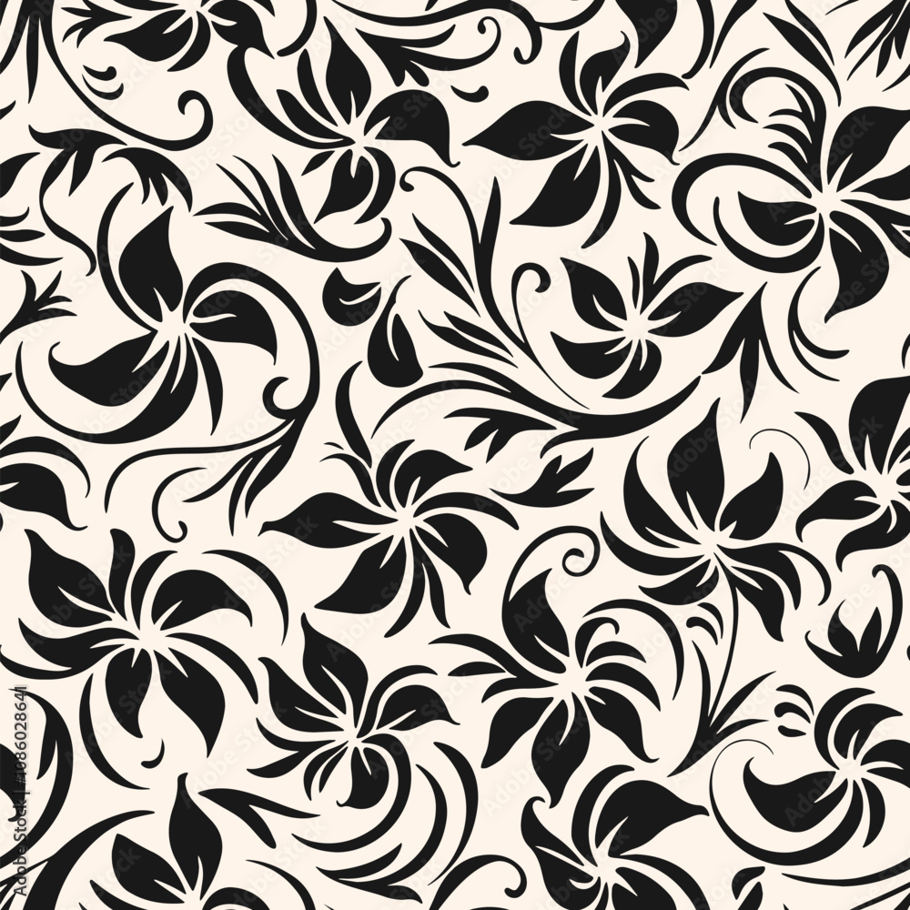 Black and white floral seamless pattern. Vector abstract monochrome ornament texture with flower silhouettes, leaves, curly shapes. Simple elegant botanical background. Repeat design for decor, print Black and white floral seamless pattern. Vector abstract monochrome ornament texture with flower silhouettes, leaves, curly shapes. Simple elegant botanical background. Repeat design for decor, print