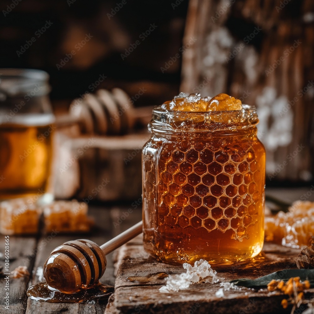 A glass jar of honey, a honey dipper, and honeycombs are shown. It's a natural food scene. A glass jar of honey, a honey dipper, and honeycombs are shown. It's a natural food scene.
