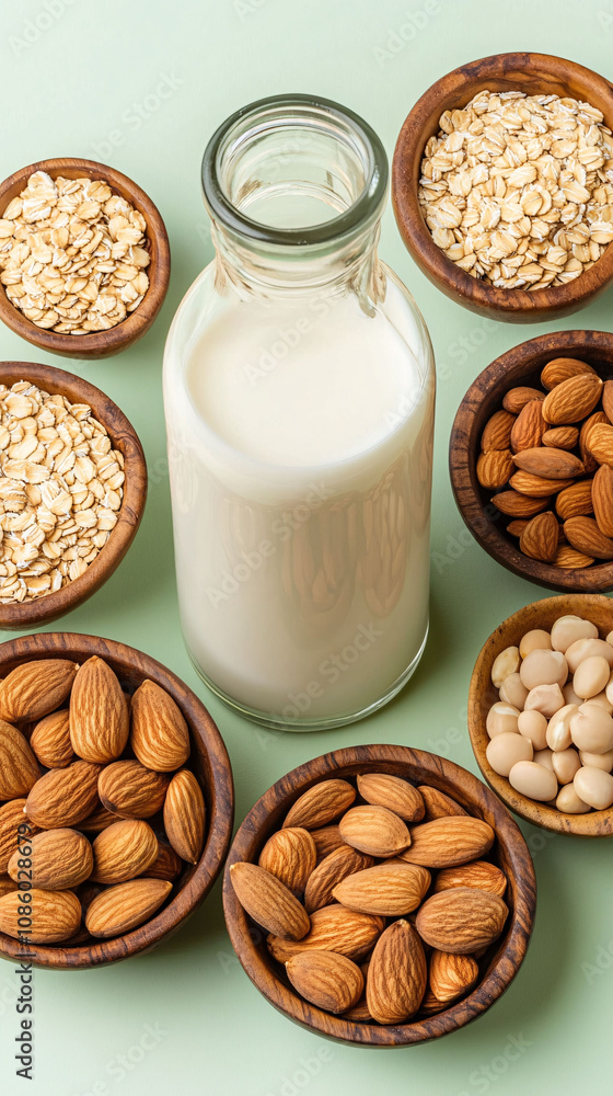 Glass bottle of vegan milk with nuts and grains Glass bottle of vegan milk with nuts and grains
