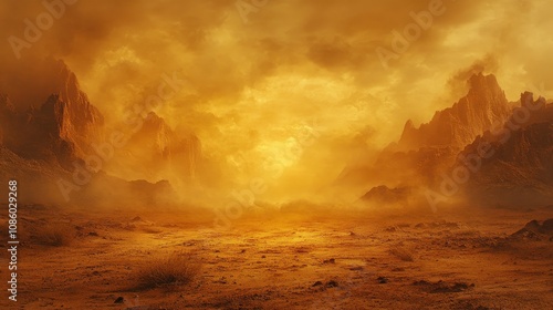 Dramatic Sunset Over Arid Landscape with Fiery Skies and Majestic Mountains Capturing the Essence of Nature's Beauty in a Prehistoric Atmosphere