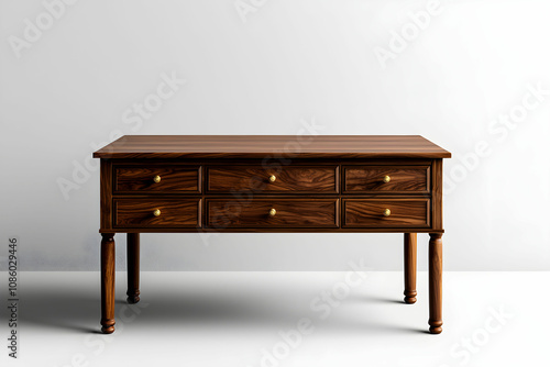 Elegant Wooden Table with Six Drawers, Showcasing a Rich Brown Finish and Golden Hardware, Perfect for Home or Office Interior Design, Ideal for Dining or Workspace Arrangement