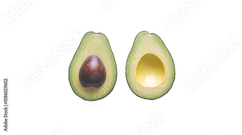 avocado, cut in half to show the seed, on a plain white background