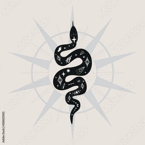 Mistical boho snake poster with esoteric elements