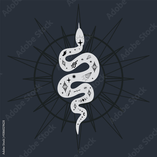 Mistical boho snake poster with esoteric elements