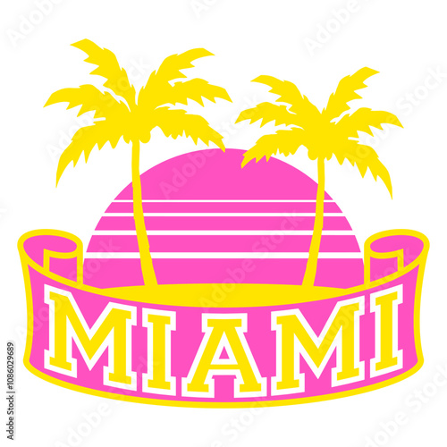 Miami Beach Florida USA Palms Sun America Fun Text Design Lover Art Vector Illustration Card T-Shirt Poster Sticker Graphic Print Decorative Drawing Isolated Logo Decoration Symbol Creative Cool Style