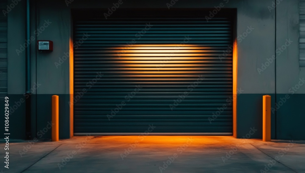 Dark Gray Warehouse with Open Roller Door and Light Reflections Dark Gray Warehouse with Open Roller Door and Light Reflections