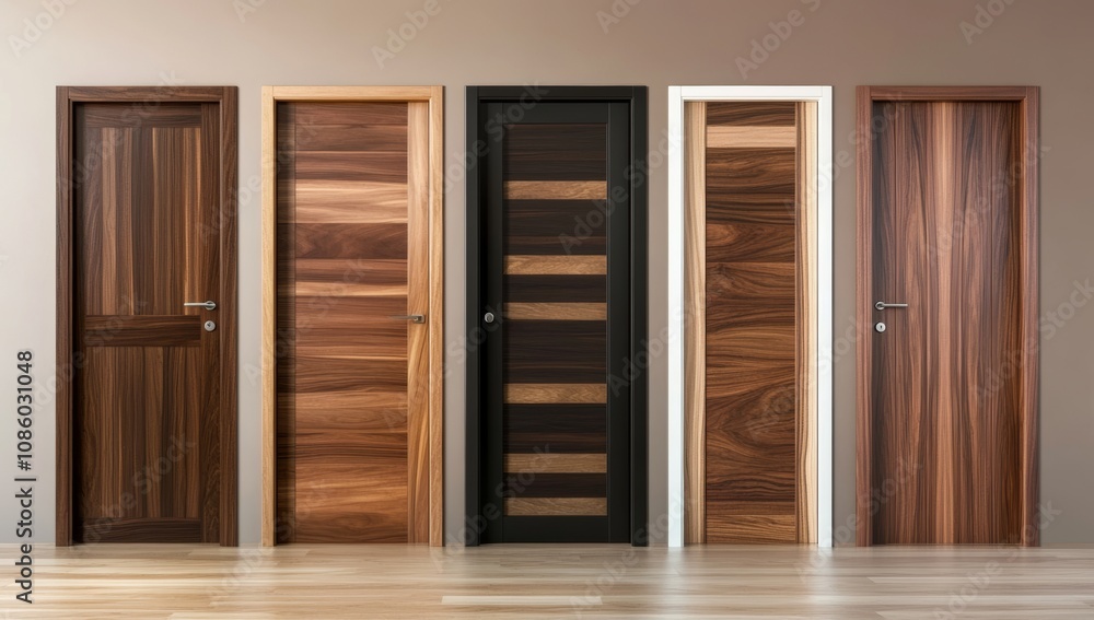 Five Different Doors in a Modern Interior with Dark Brown Walls, Light Wooden Floor, and Contemporary Furniture Five Different Doors in a Modern Interior with Dark Brown Walls, Light Wooden Floor, and Contemporary Furniture