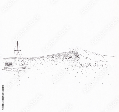 Pen and ink drawing of a sail boat at sea with a surfer in the wave