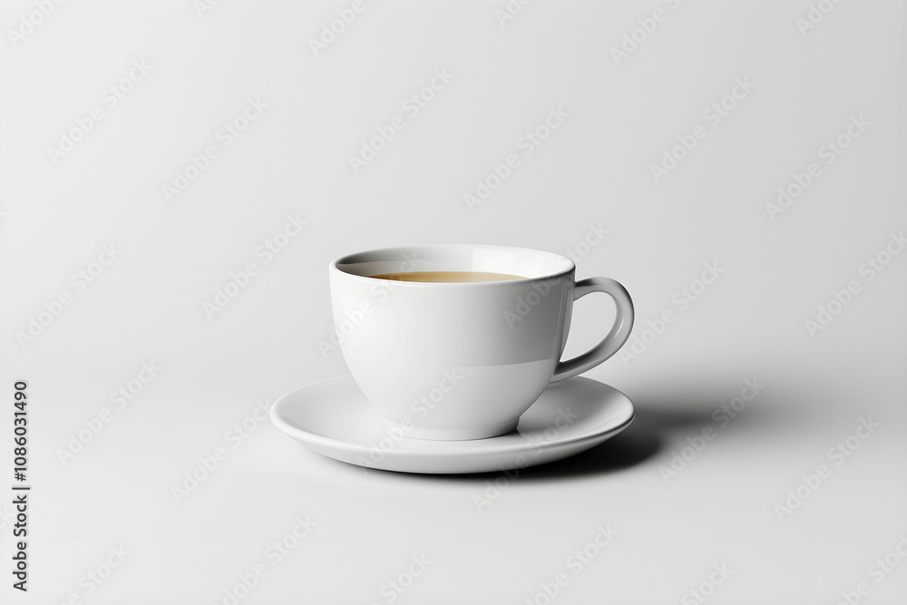 Elegant White Cup and Saucer with Hot Coffee on a Minimalist Gray Background for Modern Lifestyle and Coffee Culture Imagery Elegant White Cup and Saucer with Hot Coffee on a Minimalist Gray Background for Modern Lifestyle and Coffee Culture Imagery