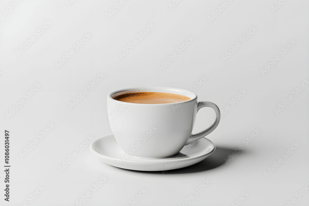 White Coffee Cup with Saucer on Minimalist Surface, Perfectly Poured Coffee, Ideal for Morning Routine and Stylish Beverage Presentations White Coffee Cup with Saucer on Minimalist Surface, Perfectly Poured Coffee, Ideal for Morning Routine and Stylish Beverage Presentations