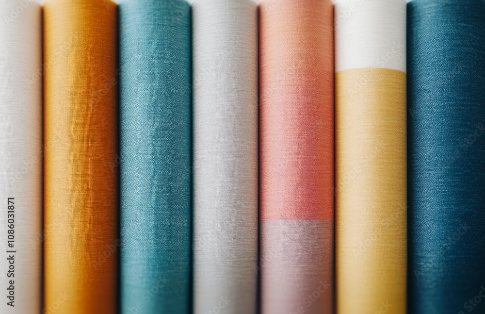Collection of colorful fabric rolls displayed in a row for textile enthusiasts and designers Collection of colorful fabric rolls displayed in a row for textile enthusiasts and designers