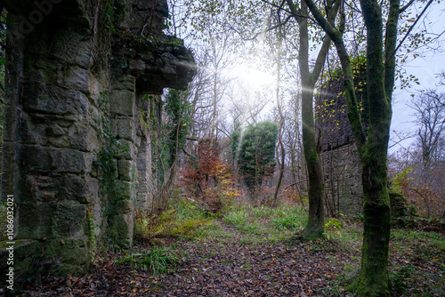 Dams to Darnley Country Park. Ruin of Waulkmill Glen. Appears on a map of 1852 as a roofless ruin. The most plausible theory is that it was connected to Charles Tennant's nearby bleachfields.  photo