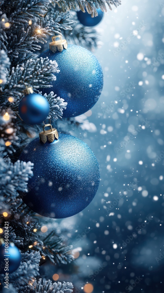 Blue Christmas Ornaments with Snowflakes and Text Space Blue Christmas Ornaments with Snowflakes and Text Space
