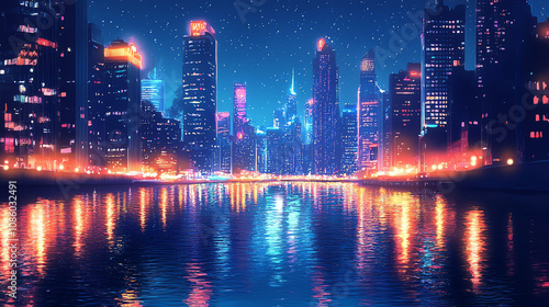 Wallpaper Mural A vibrant night cityscape with soft reflections shimmering on the calm waters, showcasing urban life under a starry sky Torontodigital.ca