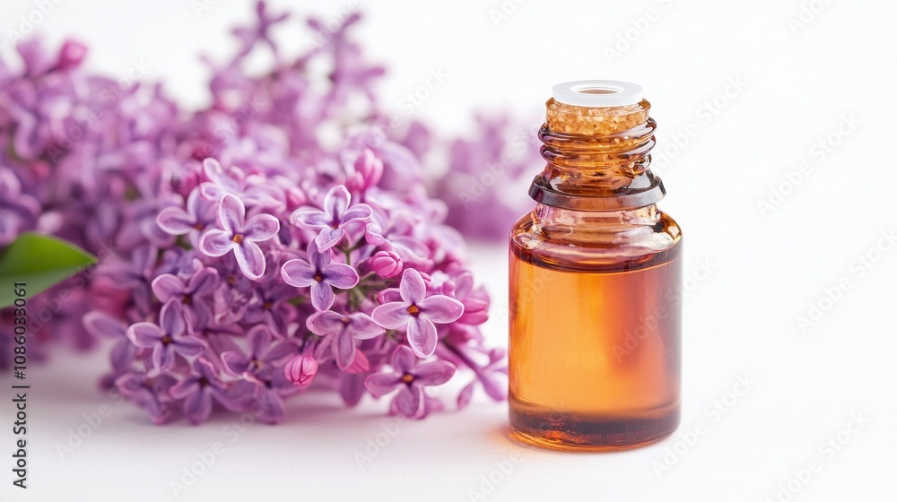 Essential oil made from lilac on a white background Essential oil made from lilac on a white background