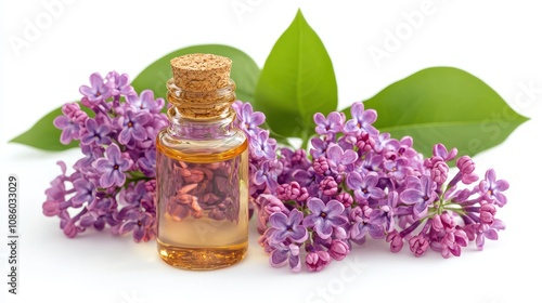 Essential oil made from lilac on a white background