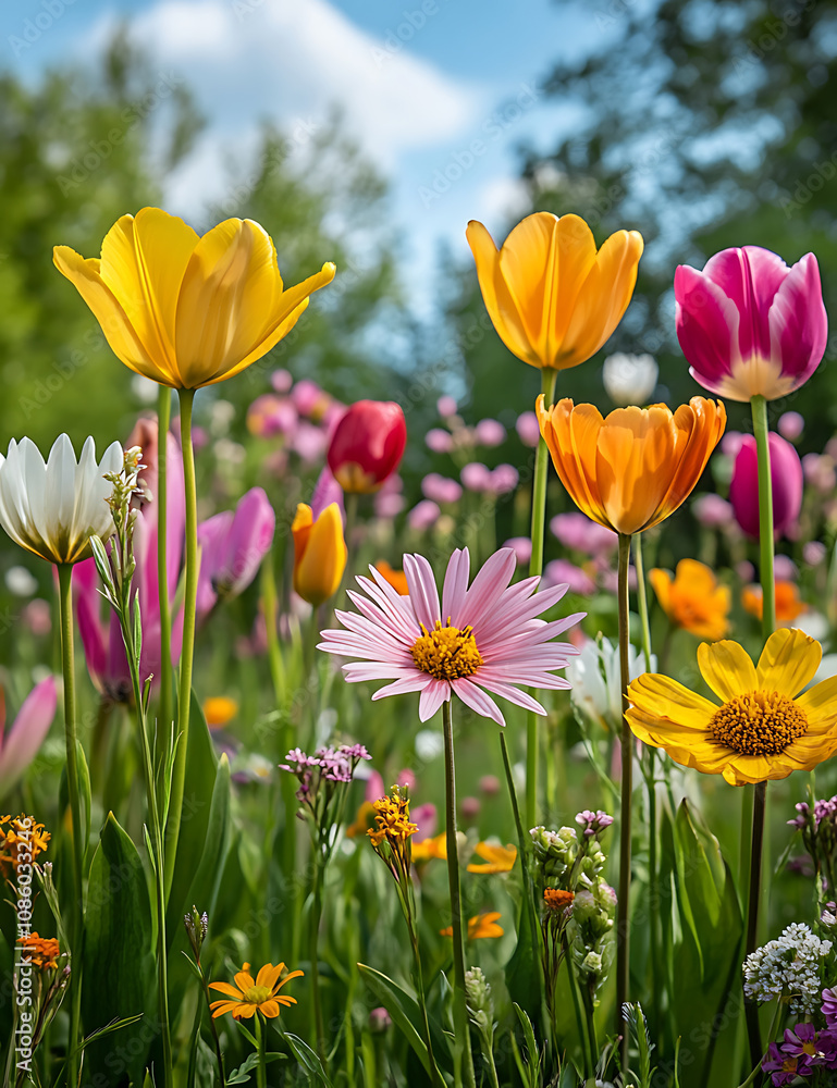 vibrant mix of wildflowers including daisies and tulips in sunny field, showcasing bright colors and lush greenery, creating cheerful atmosphere vibrant mix of wildflowers including daisies and tulips in sunny field, showcasing bright colors and lush greenery, creating cheerful atmosphere