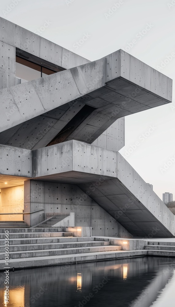 Fototapeta premium Contemporary urban staircase featuring geometric levels and bold industrial concrete design