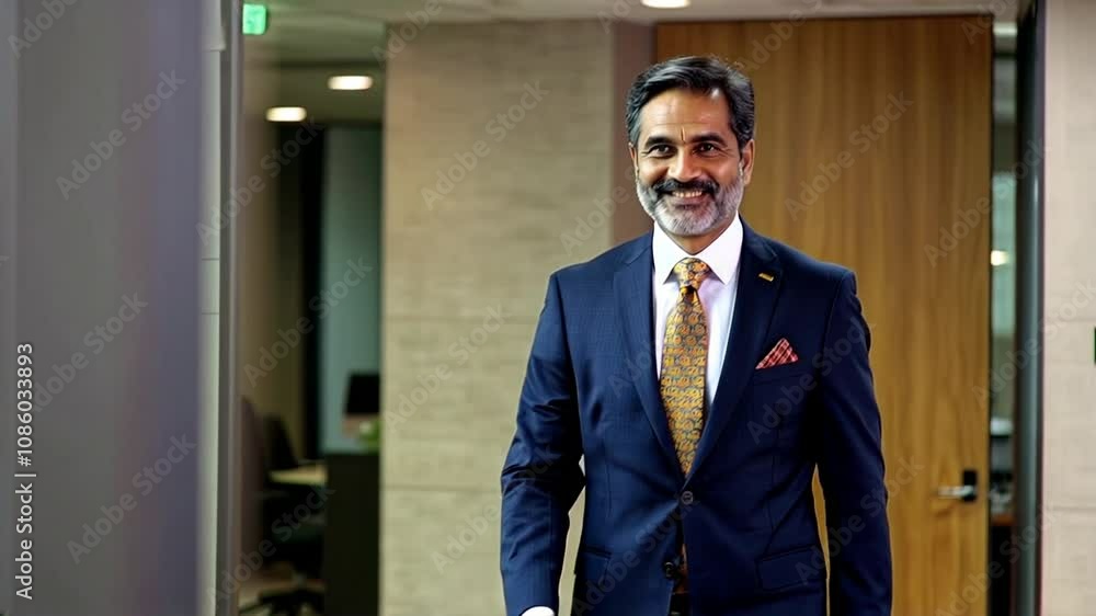 Indian businessman. Man in suit walking inside office. Confident man smiling. Indian businessman. Man in suit walking inside office. Confident man smiling.
