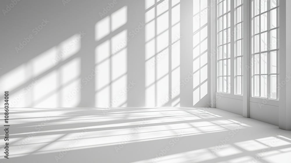 Abstract white studio background for product presentation, empty room with shadows of window Abstract white studio background for product presentation, empty room with shadows of window