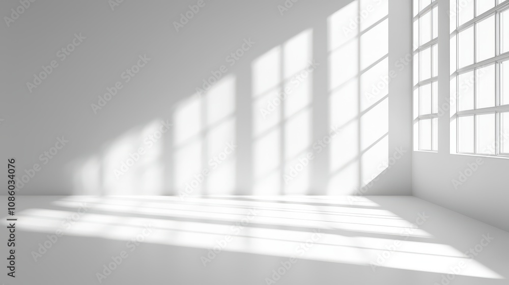 Abstract white studio background for product presentation, empty room with shadows of window Abstract white studio background for product presentation, empty room with shadows of window