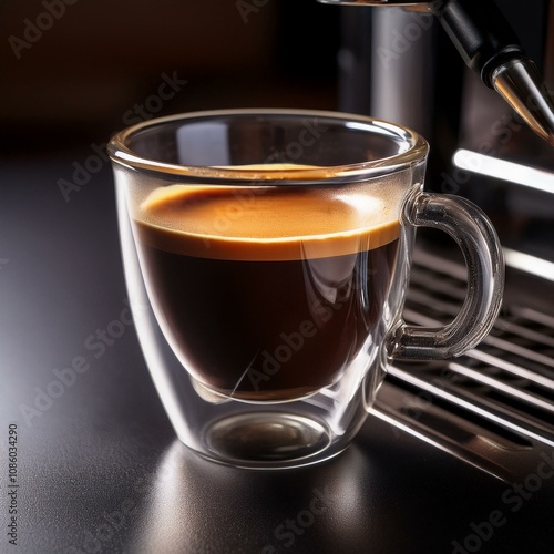 a single serving of espresso in a clear glass cup with a handle the coffee has a rich crema on top