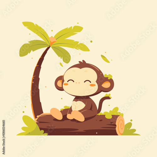 Monkey Vector Illustration. Adorable Cartoon Monkey Relaxing Under a Palm Tree