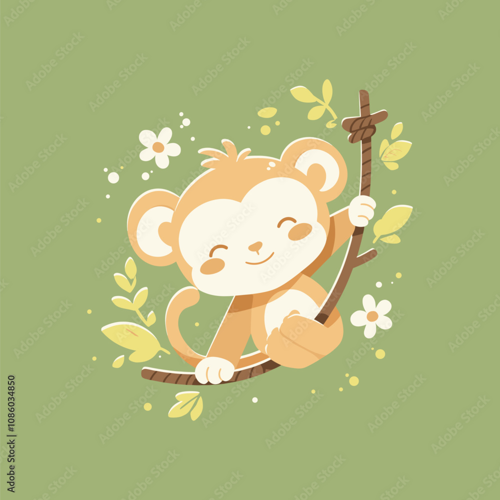 Monkey Vector Illustration. Cute Cartoon Monkey on a Green Background with Flowers Monkey Vector Illustration. Cute Cartoon Monkey on a Green Background with Flowers