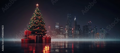 Fototapeta Naklejka Na Ścianę i Meble -  Christmas tree with gifts and blurry city skyline in the background