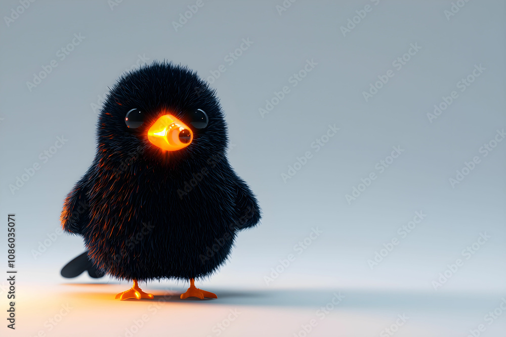Fototapeta premium Cute and Fluffy Cartoon Bird with a Bright Orange Beak and Soft Black Feathers Standing against a Light Gray Background in a Playful and Whimsical Pose