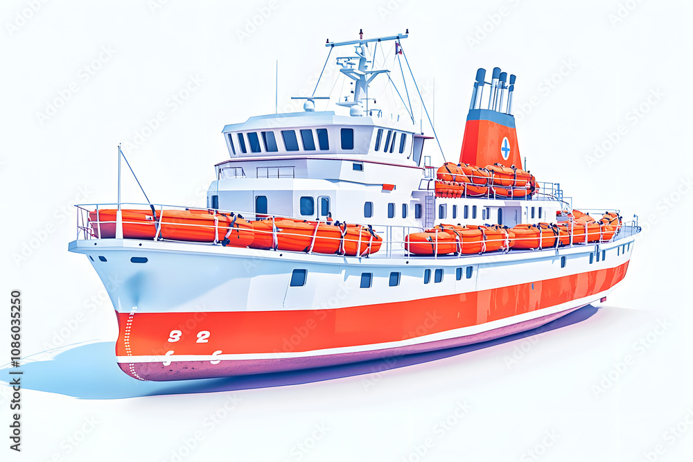 Vibrant and Detailed Illustration of a Rescue Ship Featuring Lifeboats, Modern Design, and Bright Colors, Perfect for Maritime and Emergency Services Themes Vibrant and Detailed Illustration of a Rescue Ship Featuring Lifeboats, Modern Design, and Bright Colors, Perfect for Maritime and Emergency Services Themes