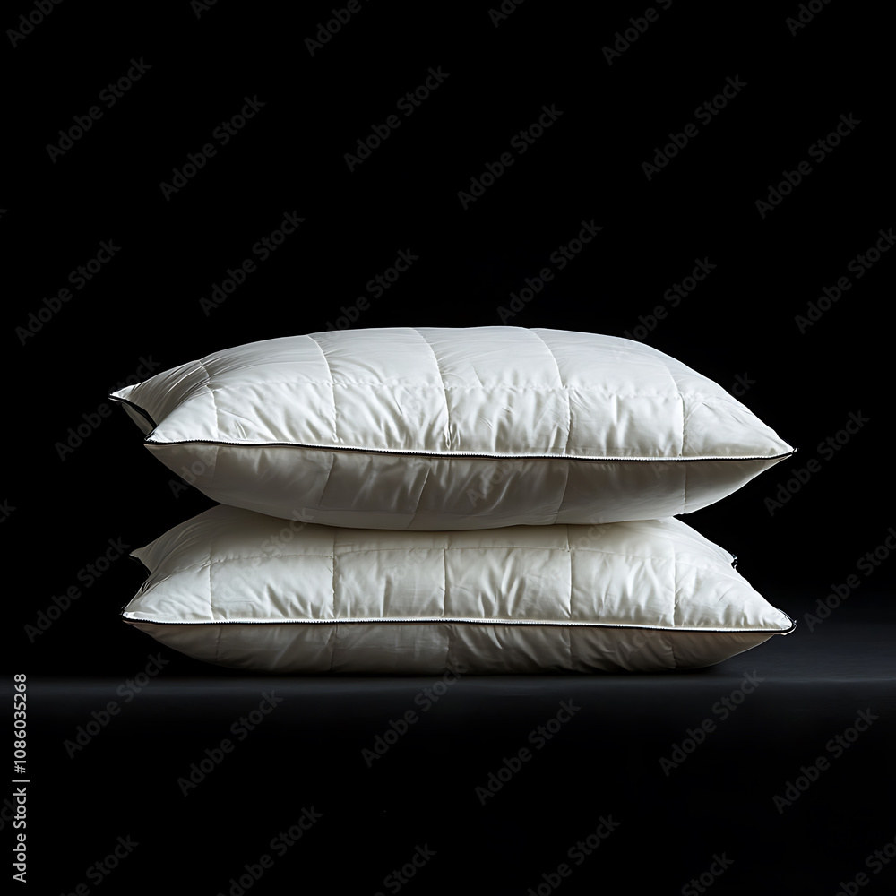 Soft and fluffy white pillows stacked elegantly against dark background, perfect for adding comfort to any space Soft and fluffy white pillows stacked elegantly against dark background, perfect for adding comfort to any space