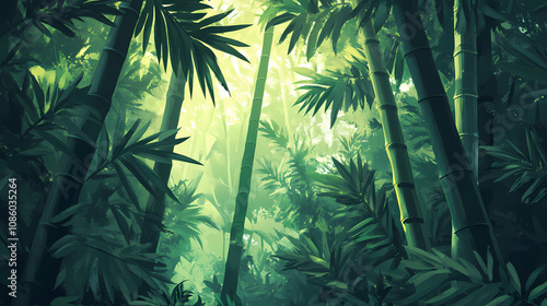 Dense foliage of green tropical plants with tall bamboo stalks in the background, creating a lush, serene forest atmosphere. Reverie. Illustration