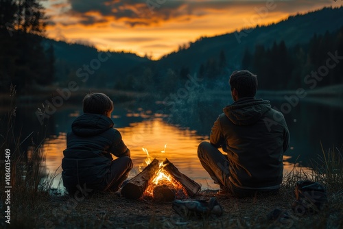 Father and son enjoying a campfire by the lake at sunset