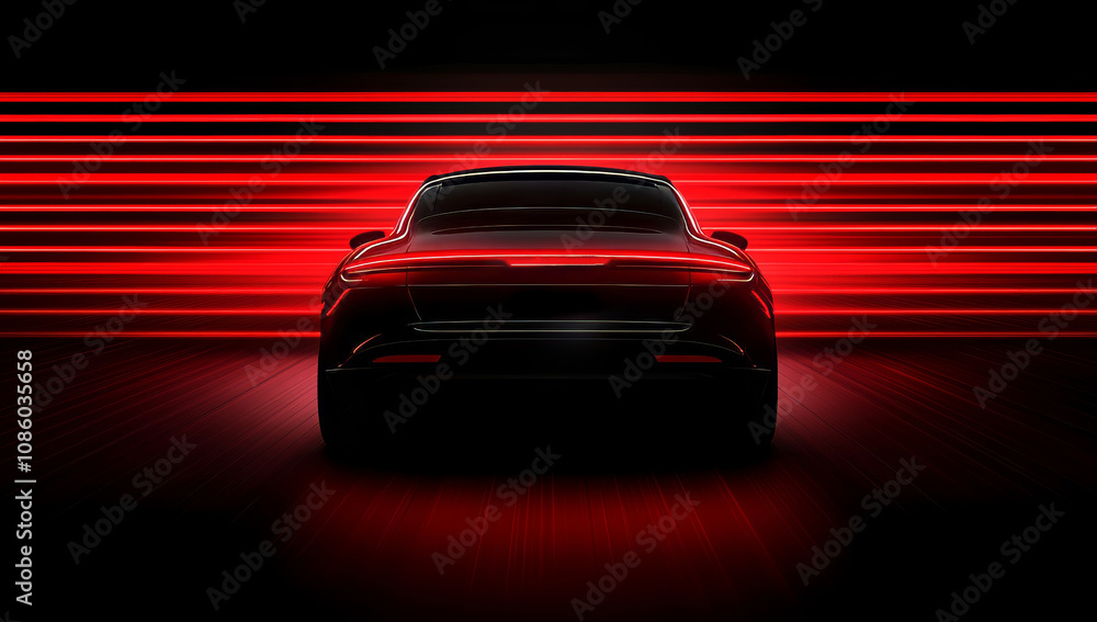 Concept Car Rear View, Dynamic Lines and Sleek Design with Red Taillight Illumination on Dark Background Concept Car Rear View, Dynamic Lines and Sleek Design with Red Taillight Illumination on Dark Background